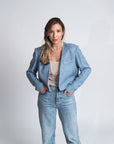 Melinda Sky Blue Cropped Blazer | Linen Blend, Relaxed Cropped Fit, Vintage Shoulder Pads, Handmade | Yashan