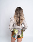 Margherita Greige Pinstripe Bomber | Wool Pinstripe Suiting, Orange Zipper, Rib Knit Trim, Handmade | Yashan