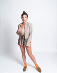 Margherita Greige Pinstripe Bomber | Wool Pinstripe Suiting, Orange Zipper, Rib Knit Trim, Handmade | Yashan