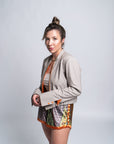 Margherita Greige Pinstripe Bomber | Wool Pinstripe Suiting, Orange Zipper, Rib Knit Trim, Handmade | Yashan
