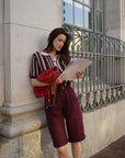 Michelle Bermuda Shorts | Burgundy, Lightweight Linen, High-Waist Relaxed Fit, Knee-Grazing Silhouette | Yashan