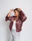 Tetiana Leopard Silk Bomber | Atlas Silk, Pink & Brown Leopard Print, Gold Snaps, Elastic Fit | Yashan
