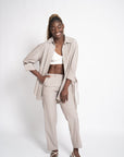 Letizia Pinstripe Pants | Cotton Blend, Straight-Leg Full-Length, High Rise, Handmade | Yashan