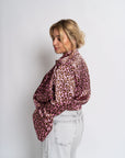 Tetiana Leopard Silk Bomber | Atlas Silk, Pink & Brown Leopard Print, Gold Snaps, Elastic Fit | Yashan