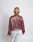 Tetiana Leopard Silk Bomber | Atlas Silk, Pink & Brown Leopard Print, Gold Snaps, Elastic Fit | Yashan