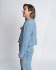 Melinda Sky Blue Cropped Blazer | Linen Blend, Relaxed Cropped Fit, Vintage Shoulder Pads, Handmade | Yashan