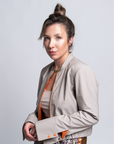 Margherita Greige Pinstripe Bomber | Wool Pinstripe Suiting, Orange Zipper, Rib Knit Trim, Handmade | Yashan