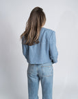 Melinda Sky Blue Cropped Blazer | Linen Blend, Relaxed Cropped Fit, Vintage Shoulder Pads, Handmade | Yashan