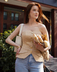 Dita Corset Top | Sandy Linen, Front & Back Boning, Decorative Gold Buttons, Back Zipper Closure | Yashan