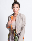 Margherita Greige Pinstripe Bomber | Wool Pinstripe Suiting, Orange Zipper, Rib Knit Trim, Handmade | Yashan
