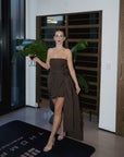Lesya Mini Dress | Chocolate Color, Corset Top, Removable Draped Belt, Mini Length | Yashan