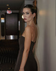 Lesya Mini Dress | Chocolate Color, Corset Top, Removable Draped Belt, Mini Length | Yashan