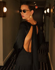 Maya Maxi Dress | Black, Eco Silk, Floor-Grazing Silhouette, Open Back, Handmade | Yashan