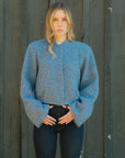 Ada Wool Bomber Jacket | Sky & Electric Blue Threads, Knitted Texture, Oversized Fit, Shoulder Pads | Yashan