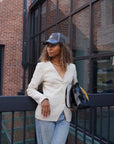 The Angela Blazer | Ivory, Heavyweight Linen, Deep V Neckline, Slim Tailored Cut | Yashan