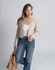 Melinda Pink Beige Cropped Blazer | Belgian Linen Blend, Cropped Relaxed Fit, Vintage Shoulder Pads | Yashan