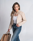 Melinda Pink Beige Cropped Blazer | Belgian Linen Blend, Cropped Relaxed Fit, Vintage Shoulder Pads | Yashan