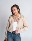 Melinda Pink Beige Cropped Blazer | Belgian Linen Blend, Cropped Relaxed Fit, Vintage Shoulder Pads | Yashan
