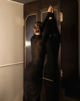 Hedy Lamarr Maxi Dress | Black, Sheer Overlay, Bra-Inspired Silhouette, Draped Waist Detail | Yashan