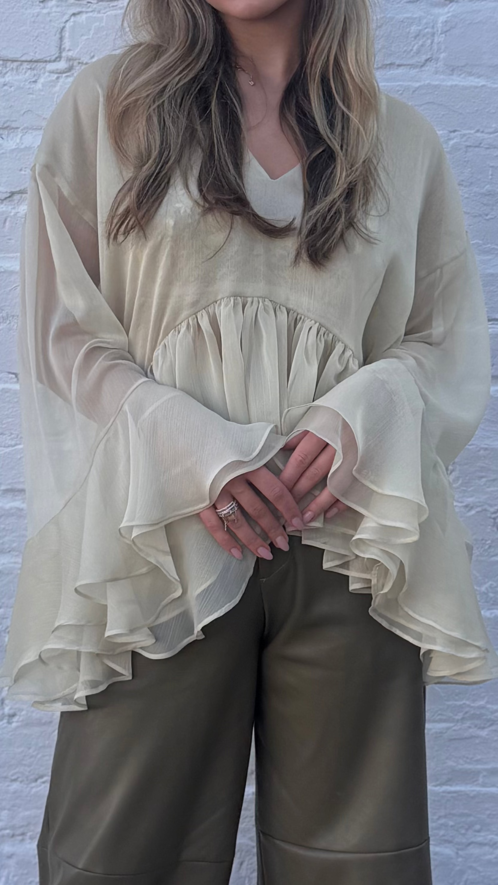 Olive Frida Boho Blouse | Sheer Ruffle Blouse | Crushed chiffon, Sheer Top, Custom Sizes Available | Yashan