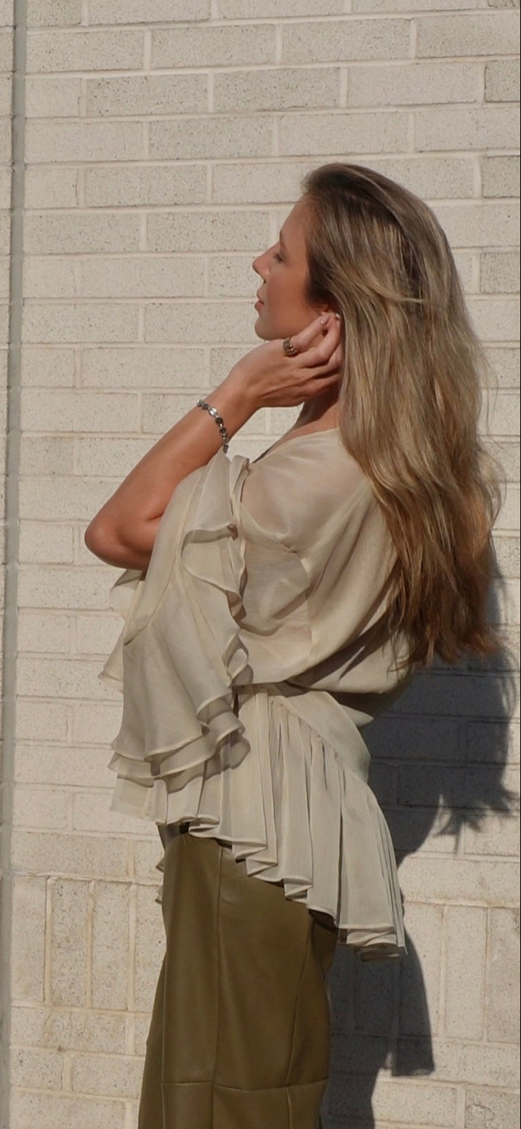 Olive Frida Boho Blouse | Sheer Ruffle Blouse | Crushed chiffon, Sheer Top, Custom Sizes Available | Yashan